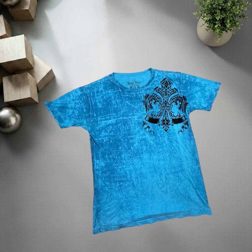 Raw State Mens Large Turquoise Blue Graphic Tee Y2K Biker MMA Fleur De Lis Shirt